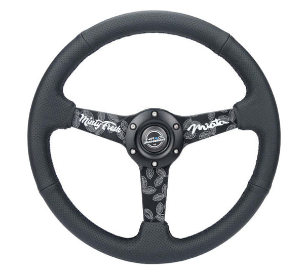 NRG Reinforced Black Perforated Leather Steering Wheel 350mm / 1.5in Deep w/ Goal Digger Blk Stitch