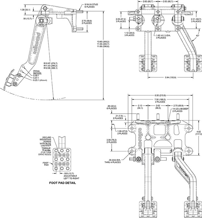 Wilwood Adjustable 5.5-6.25:1 Ratio Reverse Mount Pedal Replacement Kit - Black E-coat