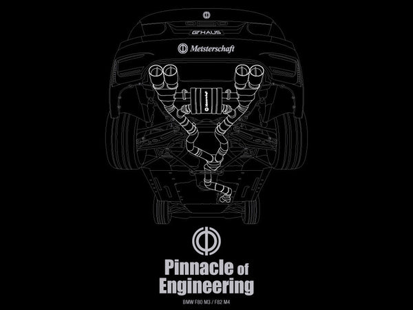 MEISTERSCHAFT T-shirt featuring a detailed graphic of the BMW F80 M3 and F82 M4 exhaust system with the text "Pinnacle of Engineering.