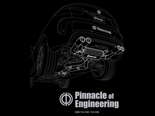 MEISTERSCHAFT T-shirt featuring a graphic of the BMW F85 X5M and F86 X6M exhaust system with the text "Pinnacle of Engineering.