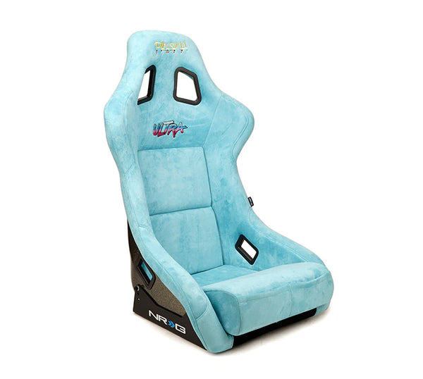 NRG FRP Bucket Seat ULTRA Edition w/ Grey Pearlized Back/Teal Vegan Microfiber/Phone Pockets - Med