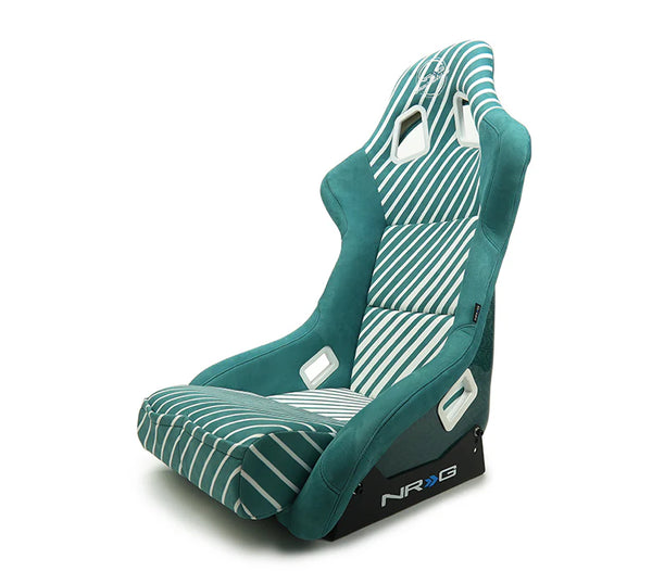 NRG FRP Bucket Seat - 20 Year Anniversary - Microfiber Green w/ White Stripes & Arrow Design -Medium