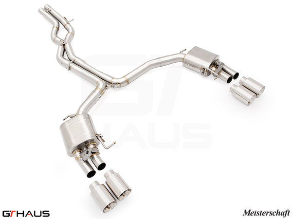 Premium stainless steel exhaust system for Audi RS6 Avant C8 V8 (4.0T) with dual tips, enhancing performance and sound.
