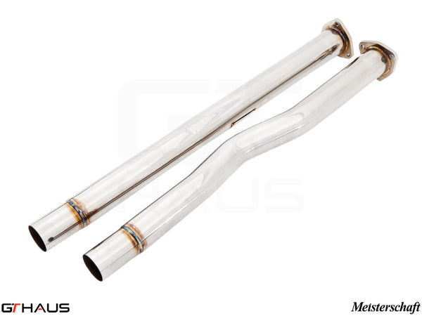 Front LX secondary catalytic converter delete pipe for Audi TT MK II (2008+) in polished stainless steel finish.