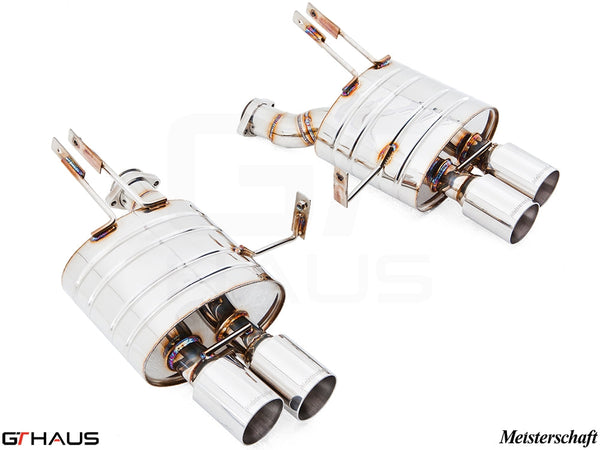 Premium Meisterschaft exhaust system for BMW E85/86 Z4M, featuring polished stainless steel and dual tips.