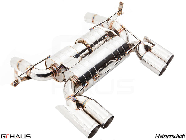 Premium performance exhaust system for BMW E90/92/93 M3 4.0L V8, featuring polished stainless steel and quad tips.