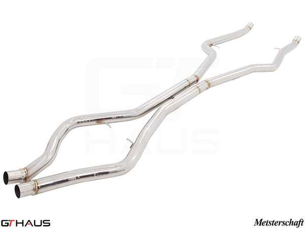 BMW F16 X6 SAV 2015-2019 full cat-back LSR mid resonator delete pipes designed for 5.0i model, featuring polished stainless steel.