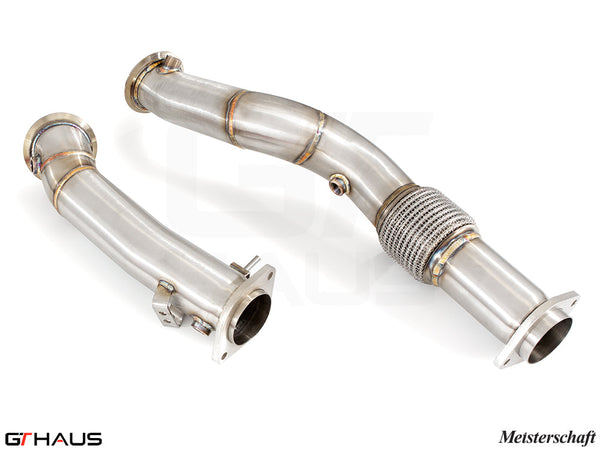 Premium down pipes for BMW F98 X4M SAV 2022+, featuring 400 CEL sport cats and 90mm stainless steel piping.