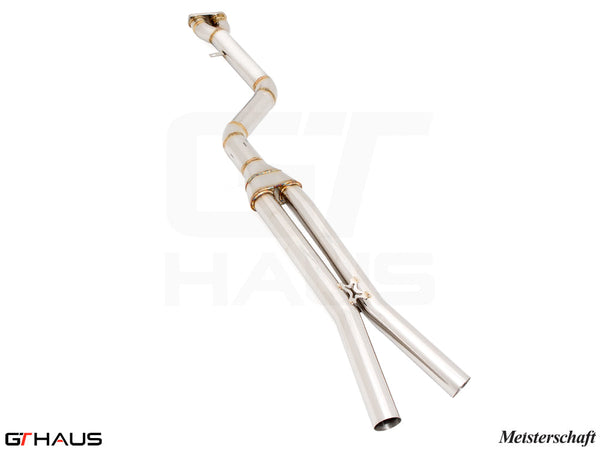 BMW F98 X4M 2022+ full cat-back 90mm single LX mid resonator delete pipes in polished stainless steel.