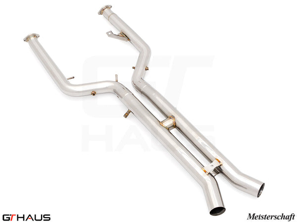 Premium dual LX cat-back exhaust pipes for BMW G80/82/83, featuring 76mm stainless steel construction and Velocity box.