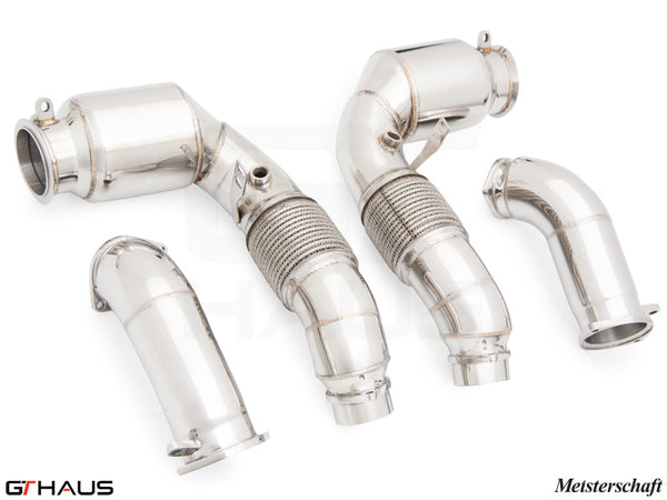 Premium down pipes for BMW G90 M5 Sedan and G99 M5 Wagon 2024+, featuring OBD2 and 400 CEL sport cats.