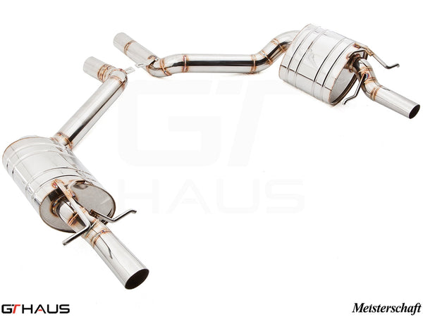 Premium exhaust system for Mercedes-Benz W212 E-Class E550 V8 models, featuring polished stainless steel construction.