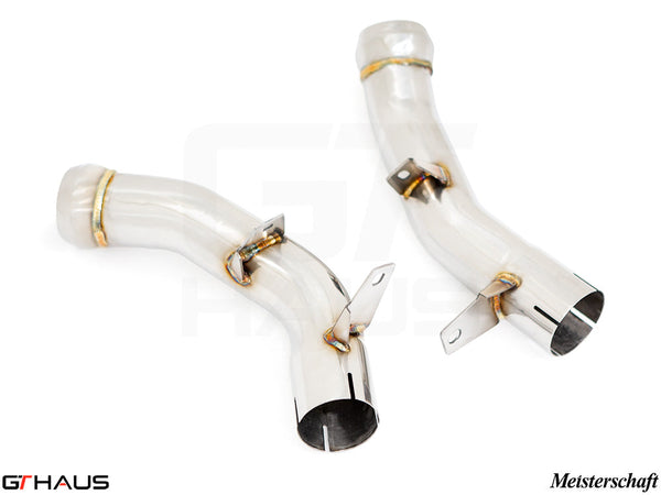 Mercedes-Benz W213 E-Class 2018+ down pipe with secondary cat-delete, featuring polished stainless steel construction.