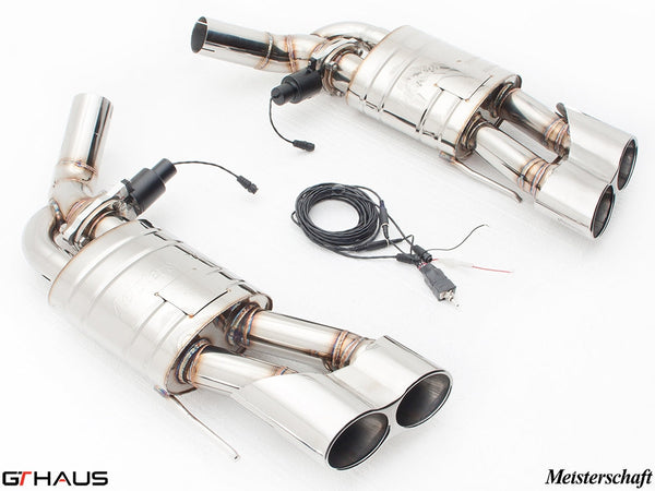 Premium Meisterschaft exhaust system for Mercedes-Benz W221 S-Class S63 AMG, featuring dual polished tips and electronic valve control.