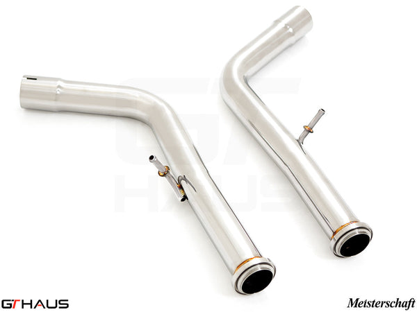 Stainless steel down pipes for 2019+ Mercedes-Benz G-Class G500/550, designed for secondary cat-delete performance enhancement.