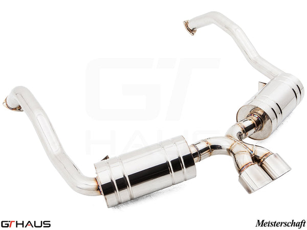 Premium exhaust system for Porsche 987 Cayman/S (2006-2008), enhancing performance and sound with polished stainless steel design.