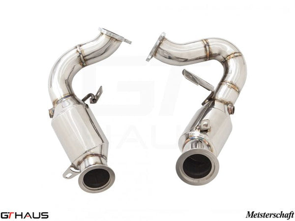 Porsche Macan 2016+ down pipes with OBD2 and 400 CEL sport cats, featuring high-quality stainless steel construction.