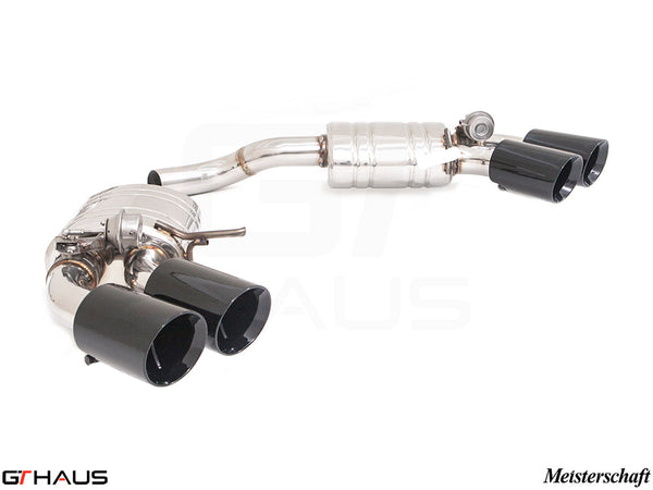 Premium Meisterschaft exhaust system for 2022+ Porsche Macan I4 Turbo with dual black tips and electronic valve control.