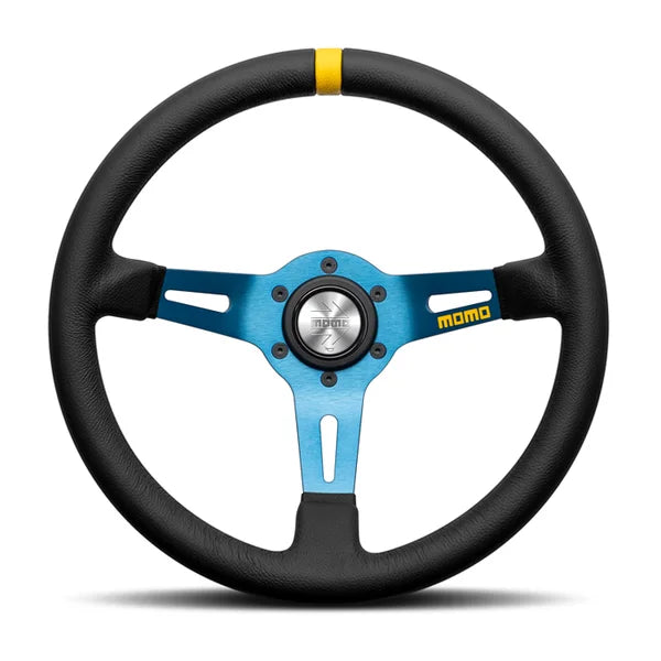 MOMO MOD.08 330 Diam 88 Dish Blk Leather Blue Spokes 1 Stripe
