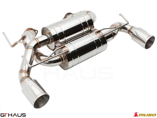 Premium exhaust system for Nissan 370Z Nismo Edition, featuring polished stainless steel construction and dual tips.