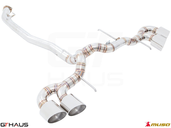 High-performance exhaust system for Nissan R35 Skyline GT-R, featuring stainless steel construction and dual tips.