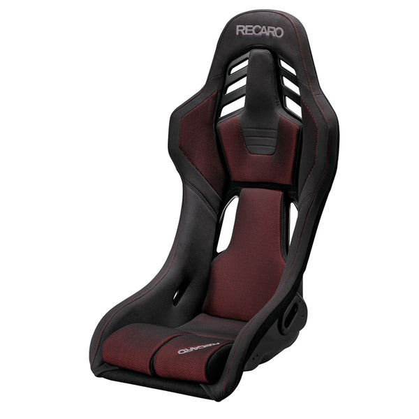 Black and red racing seat with 'Recaro' branding on a white background