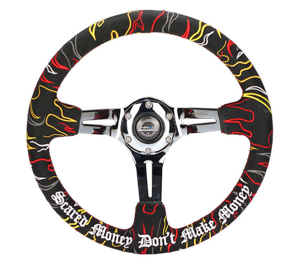 NRG Reinforced Steering Wheel R Litteral Sig 3in Deep/5mm Chrome Spoke - Blk Alcantara w/ Red Stitch