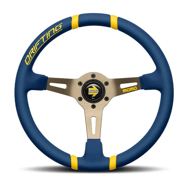 MOMO Drifting 350 Diam 90 Dish Blue Microfiber Anthracite Spokes Yellow Inserts