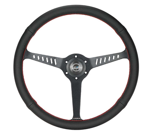 NRG Reinforced Stealth Wheel (380mm) 3 Spoke Center - 1in Deep Dish - Perforated Leather Red Stitch