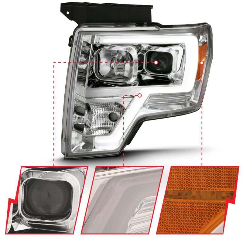 ANZO 2009-2014 Ford F-150 Projector Headlight Plank Style Chrome Amber