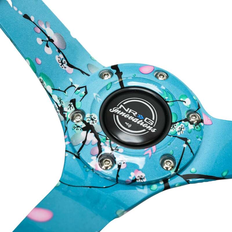 NRG Reinforced Suede Steering Wheel (350mm / 3in. Deep) Hydro Dipped Blossom Floral w/ Teal Stitch