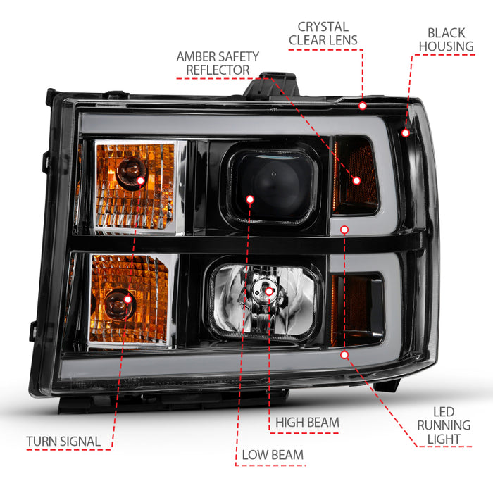 ANZO 2007-2013 GMC Sierra 1500 Projector Headlight Plank Style Black w/ Clear Lens Amber