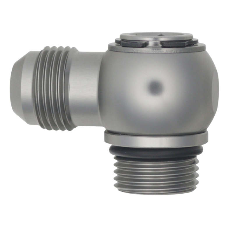 DeatschWerks 10AN ORB Male to 10AN Male Flare Low Profile 90-Degree Swivel - Anodized DW Titanium