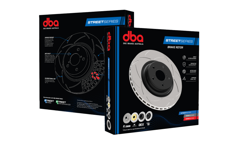 DBA 05-10 Mustang GT / 11-13 V6 Front Drilled & Slotted Street Series Rotor, Black Hub