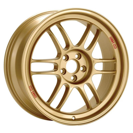 An Enkei RPF1 alloy wheel in gold finish, featuring a multi-spoke design and a brand logo in the center.