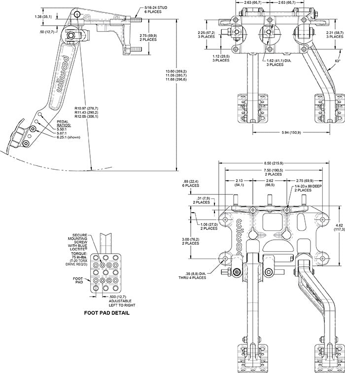 Wilwood Adjustable 5.5-6.25:1 Ratio Reverse Mount Pedal Replacement Kit - Black E-coat