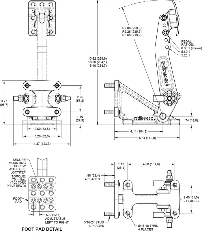 Wilwood Adjustable 5.5-6.25:1 Ratio Reverse Mount Pedal Replacement Kit - Black E-coat