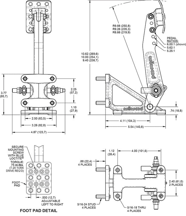 Wilwood Adjustable 5.5-6.25:1 Ratio Reverse Mount Pedal Replacement Kit - Black E-coat