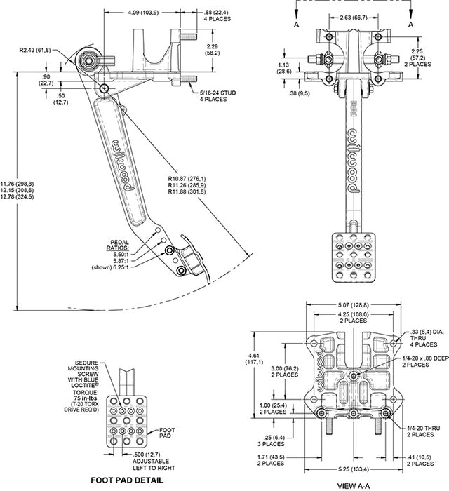 Wilwood Adjustable 5.5-6.25:1 Ratio Reverse Mount Pedal Replacement Kit - Black E-coat
