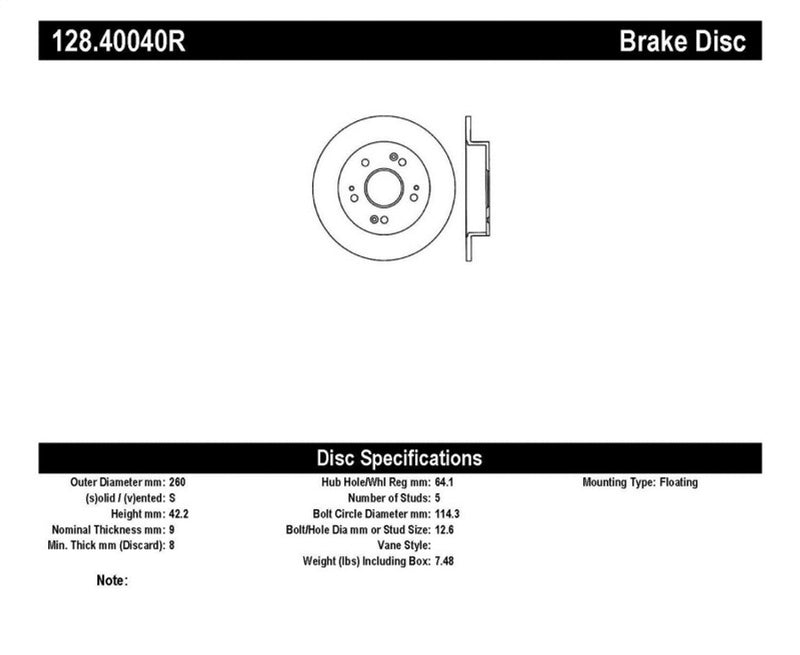Centric 06-07 Accura CSX / 06-09 Honda Civic / 97-01 Prelude Rear Rotor