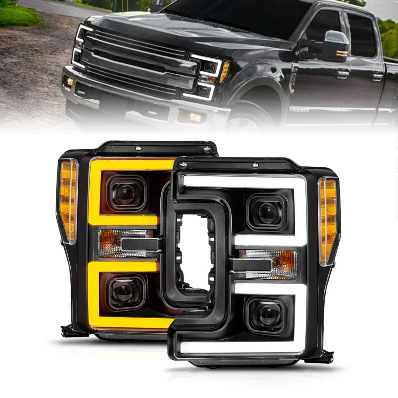 ANZO 17-19 Ford F-250/350/450 SD (w/o Factory LED) LED Proj Headlights w/Light Bar Switchback Blk