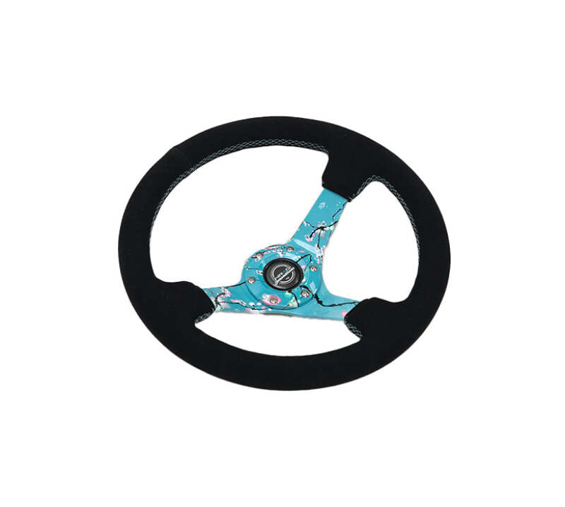 NRG Reinforced Suede Steering Wheel (350mm / 3in. Deep) Hydro Dipped Blossom Floral w/ Teal Stitch