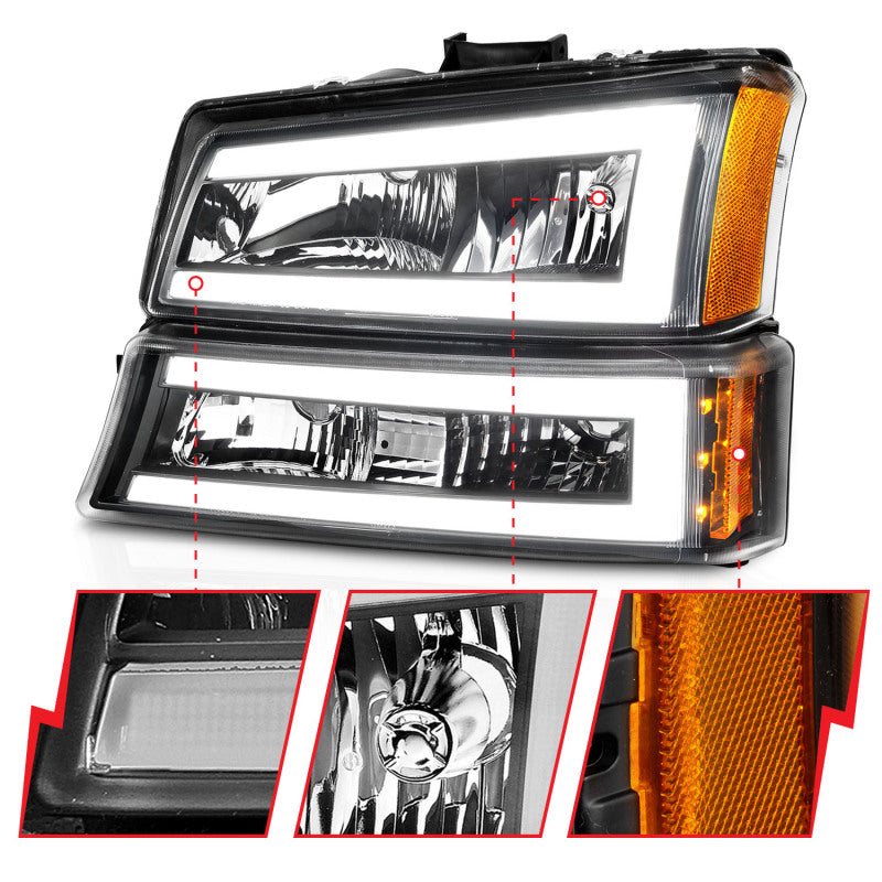 ANZO 2003-2006 Chevrolet Silverado 1500 Crystal Headlights w/ Light Bar Black Housing