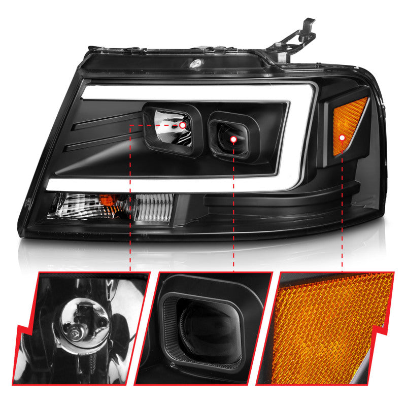 ANZO 2004-2008 Ford  F-150 Projector Headlights w/ Light Bar Black Housing