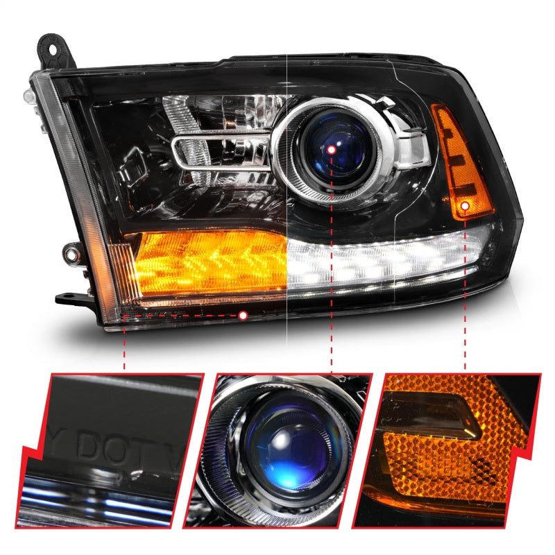 ANZO 09-18 Dodge Ram 1500/2500/3500 LED Plank Style Headlights Switchback + Sequential - Hyper Black