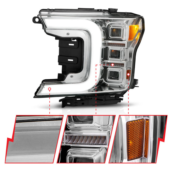 ANZO 18-20 Ford F-150 Full Led Projector Light Bar Style Headlights - Chrome Amber