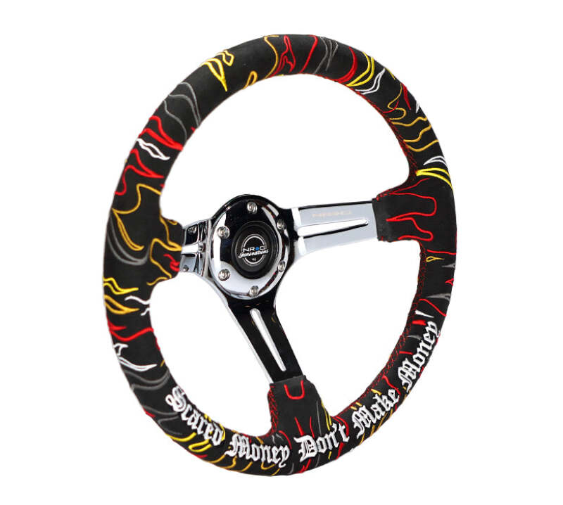 NRG Reinforced Steering Wheel R Litteral Sig 3in Deep/5mm Chrome Spoke - Blk Alcantara w/ Red Stitch
