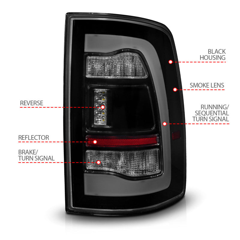 ANZO 09-18 Dodge Ram 1500 Sequential LED Taillights Smoke Black