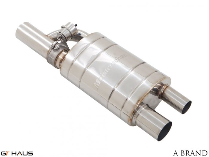 Premium A-Brand universal exhaust system featuring a polished stainless steel design and dual tips for enhanced performance.