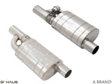 Universal A-Brand exhaust system featuring polished stainless steel construction and dual outlet design for enhanced performance.